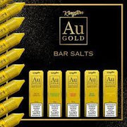 10ml bottle of Kingston AU Gold Nic Salt E-Liquid, delivering a premium smooth tobacco-inspired flavor; crafted with nicotine salts for a satisfying throat hit, ideal for pod systems and mouth-to-lung vaping.